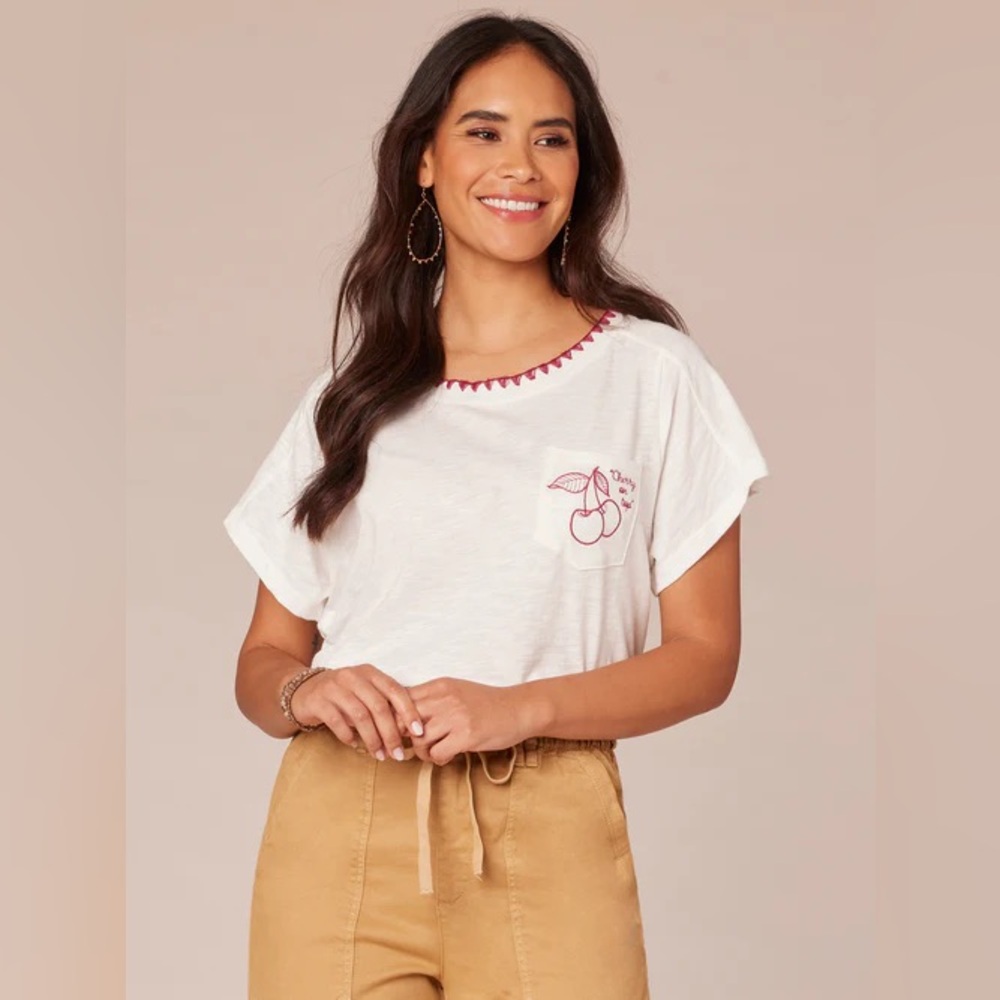 Democracy Short Sleeve Scoop Neck Knit Boyfriend Tee with Embroidery